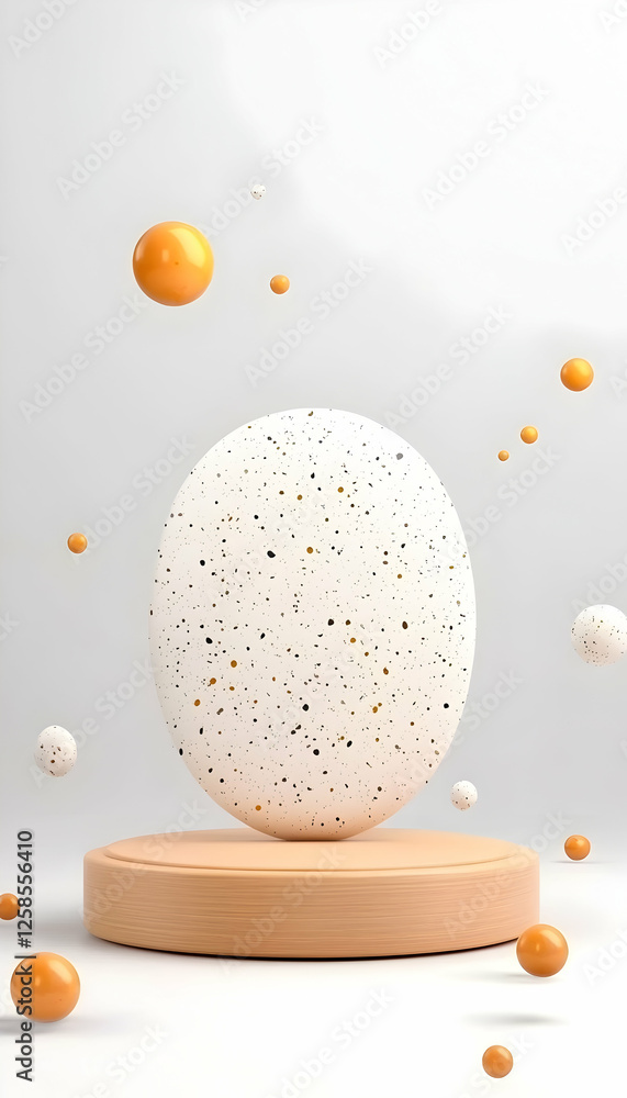 Poster oval shape on stand with floating spheres. abstract for product display/promotion