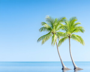 Palm trees extend toward the blue sky at a beach with gentle waters, for tourism or vacation