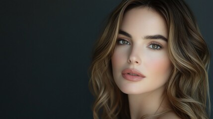 Fototapeta premium an attractive woman with wavy brown hair, wearing makeup and posing for the camera