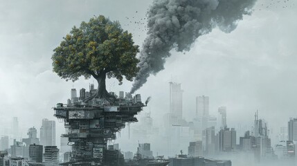 Environmental crisis urban pollution and resilience futuristic cityscape digital art dystopian atmosphere aerial view sustainability concept