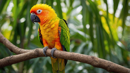 A vibrant sun conure parrot perched on a branch, its brilliant plumage a burst of orange, yellow, and green. 