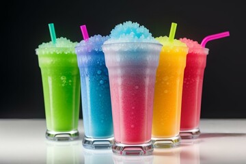 cups with rainbow colored slush ice drinks, row on white background