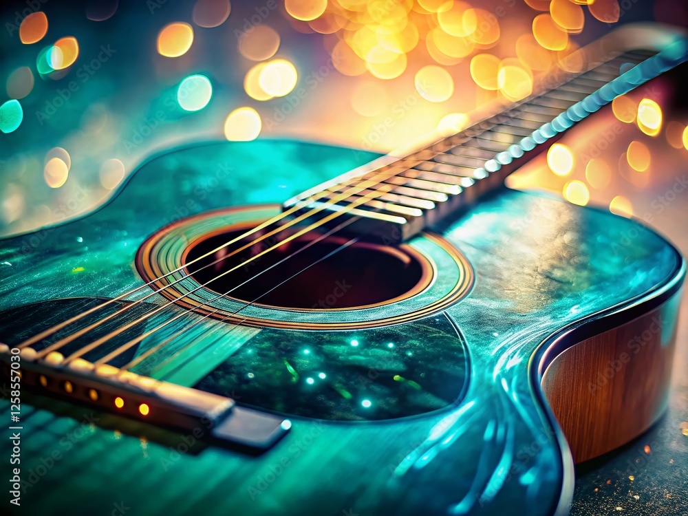 Wall mural Watercolor Guitar Close-up: Low-Light Acoustic Instrument Detail