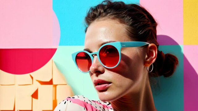 Fashionable woman in vibrant sunglasses and pop art backdrop highlights modern style