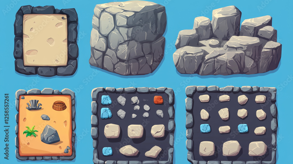Poster stone game user interface assets - cartoon vector illustration set of rock plates and buttons for gu