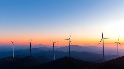 Obraz premium Wind Turbines Silhouetted Against Sunset Over Mountain Range