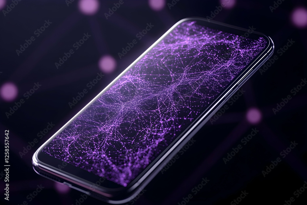 Poster phone showing purple digital network on screen, with background abstract bokeh lights. for tech indu