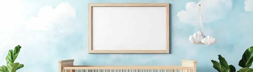 Fototapeta premium Dreamy nursery design featuring blank poster frame cozy atmosphere playful decor light blue walls
