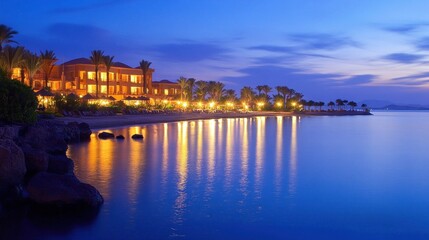 Serene Twilight at the Coastal Resort: A Nighttime Oasis