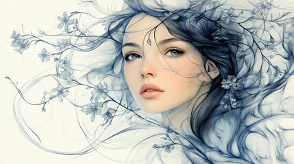 Serene woman, blue floral hair, ethereal art.