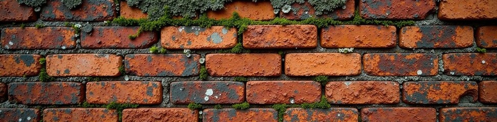 Obraz premium Weathered brick wall with moss and lichen growth, decay, natural