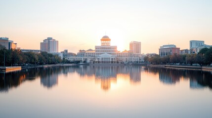 Obraz premium Sunrise over city lake, building reflection