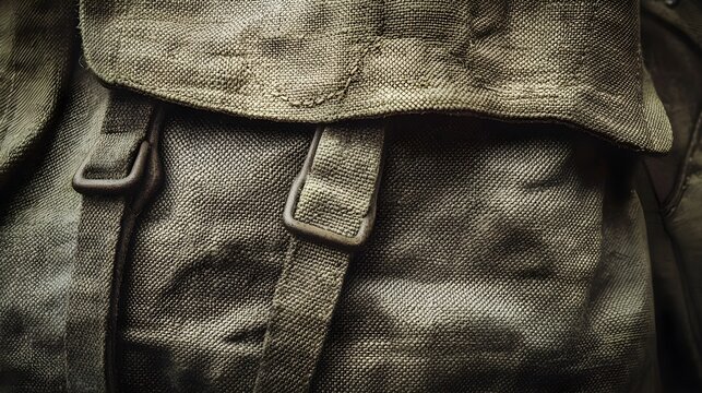 Close-up view of vintage green canvas texture, showing detail of fabric and straps.  Great for backgrounds and design projects.