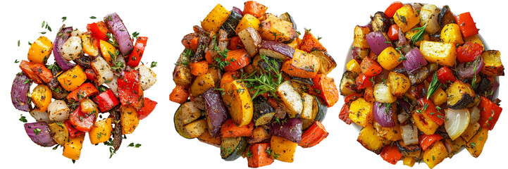 Colorful roasted vegetables with herbs on transparency background