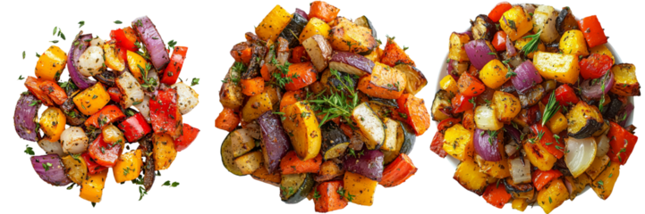 Colorful roasted vegetables with herbs on transparency background