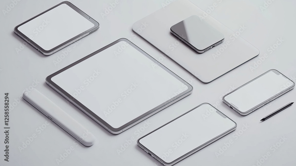 Poster white laptop, tablet and phone with blank screen in front view. vector realistic mockup of modern di