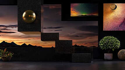 Modern Interior Gallery with Abstract Art and Sunset View