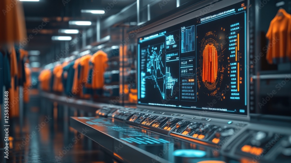 Poster a futuristic display in a tech-oriented outfit store, showcasing digital analytics alongside vibrant