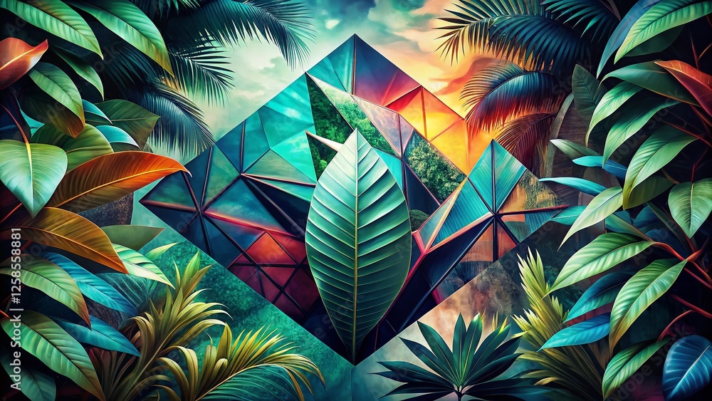 Wall mural Watercolor Tropical Leaves Geometric Pattern, Vibrant Summer Background