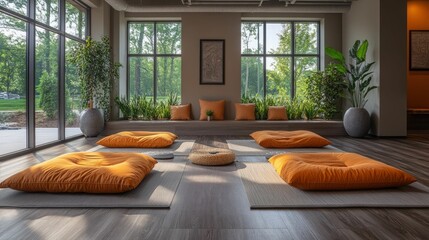 Serene meditation room, sunlight, orange cushions.