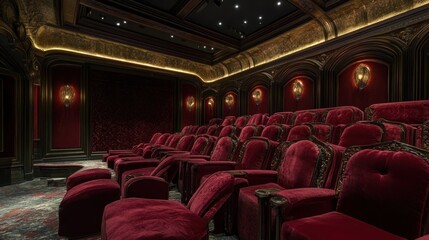 Opulent Home Theater: Luxurious Red Velvet Seating and Gilded Accents