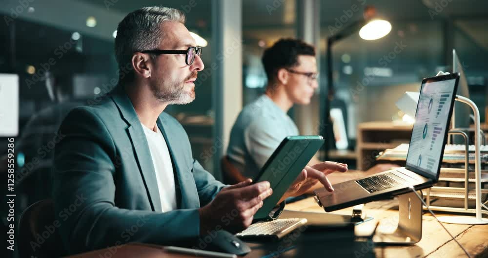 Aufkleber data, tablet and business man on laptop, research and cryptocurrency advisor reading metrics in offi