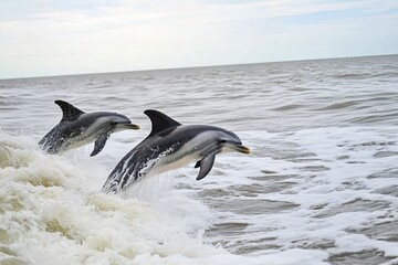Obraz premium Two dolphins leaping gracefully from the water in perfect synchronization, creating a stunning and dynamic display of marine wildlife against the vibrant backdrop of the ocean