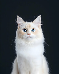 Portrait of a cute white cat with blue eyes on dark background, pet adoption