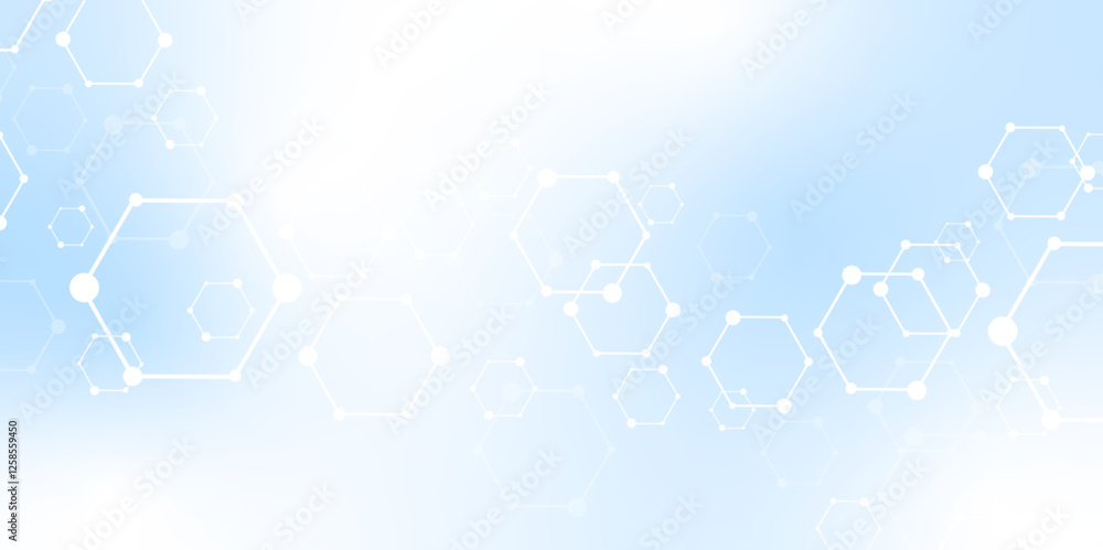 Poster Molecular structure abstract tech background. Geometric blue background. Vector banner design with hexagons. Science network pattern, connecting lines and dots Medical background, Vector illustration.