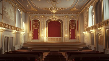 Obraz premium Grand ornate theater stage with red curtains and seating.