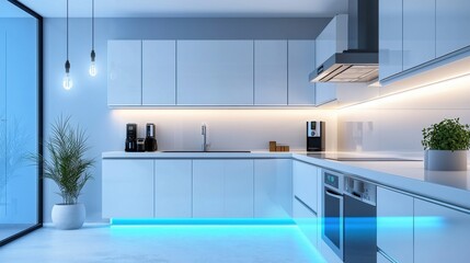 Modern kitchen with sleek design and stylish lighting features.