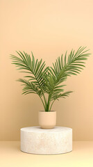 Potted palm plant on display for sale in a home decor showroom with plain wall