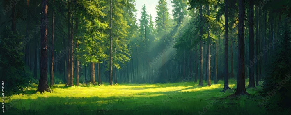 Poster serene forest scene with sunlight filtering through tall trees.