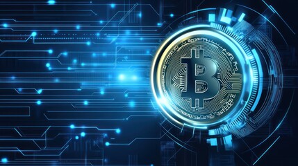 Bitcoin cryptocurrency digital coin on circuit board.