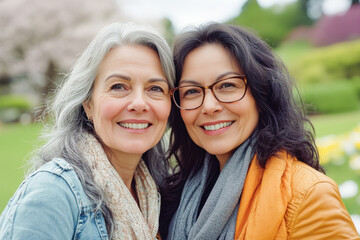 Two attractive mature women in their 40s 50s smiling meeting together outside, active healthy senior lifestyle, beauty casual fashion, bright day outside