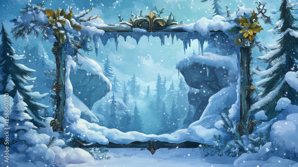 Poster fantasy decoration frame covered with snow for avatar or menu banner of game level rank ui design. e