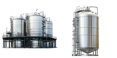 Industrial storage tanks for liquids and gases, featuring metallic surfaces and structured