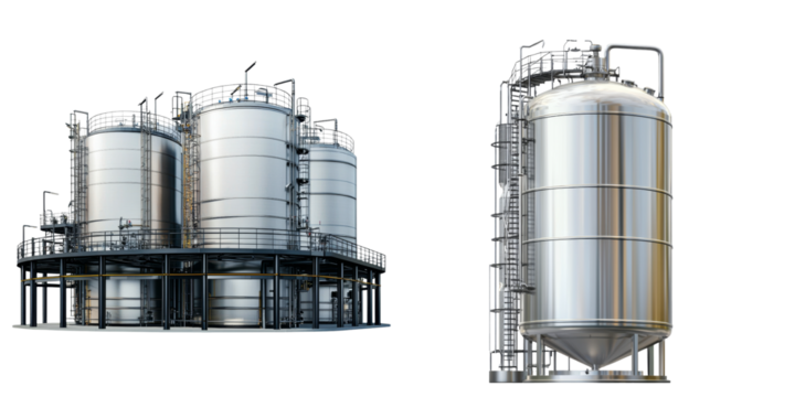 Industrial storage tanks for liquids and gases, featuring metallic surfaces and structured