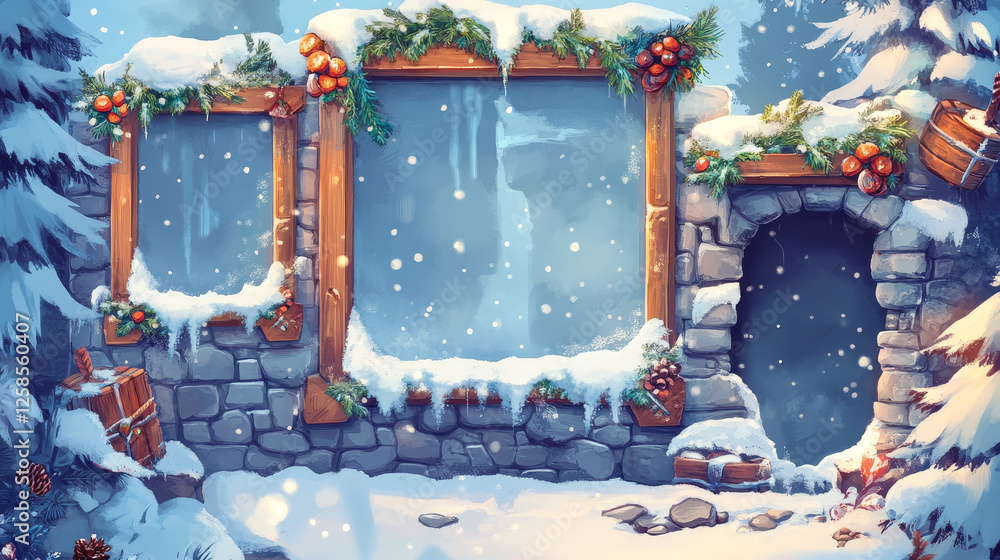 Aufkleber fantasy decoration frame covered with snow for avatar or menu banner of game level rank ui design. e