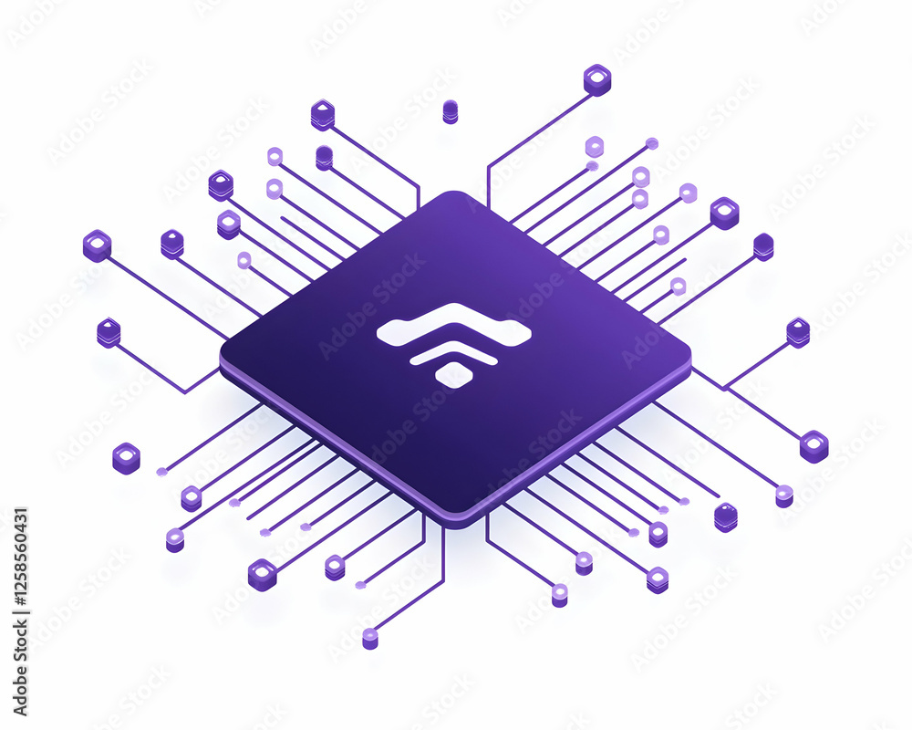 Poster purple chip icon connects digitally. network data is transferred in the background. for ai solutions