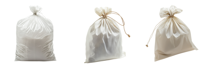 Plastic bags in various sizes tied with strings on transparency background