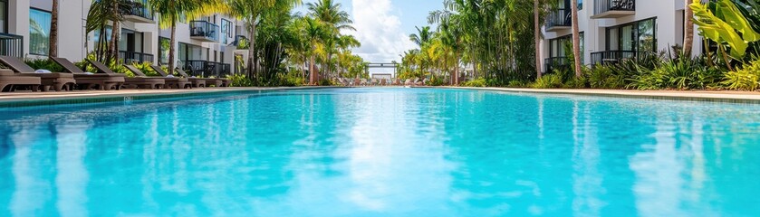 Fototapeta premium Serene pool scene under bright sky with tropical surroundings.