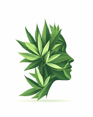 Profile of a head with hemp leaves, symbolizing nature, on a white background, for wellness design