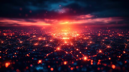 Obraz premium Cityscape at sunset, glowing red lights, network connections.