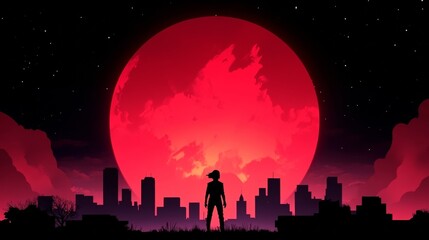 Silhouette of a woman standing before a massive red moon and a city skyline at night. A dramatic, atmospheric scene.