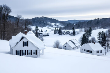Naklejka premium Quaint winter homes amidst snow-covered landscape in a rural valley under overcast skies