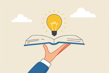 Knowledge or education, study or learning new skill, creativity or idea, reading book for inspiration, discover solution or literature, wisdom concept, hand hold open book to discover lightbulb idea.