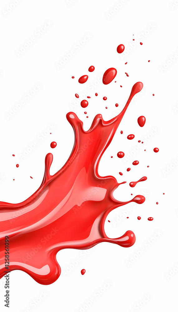 Poster red paint splash with dynamic droplets for advertising and design projects on white background