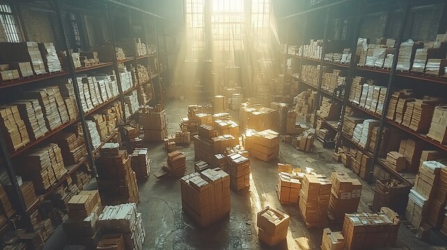 Sunlight streaming through windows illuminates a cluttered warehouse filled with boxes