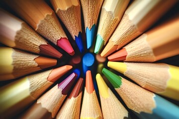 Naklejka premium Close-up of a group of colored pencils arranged in a circular pattern, showcasing the vibrant hues of their sharpened tips, creating a visually appealing arrangement